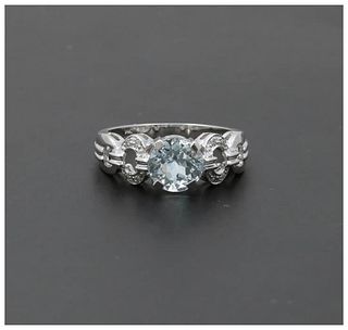 Vintage 14K White Gold Aquamarine Diamond Ring Band, Engagement Ring.