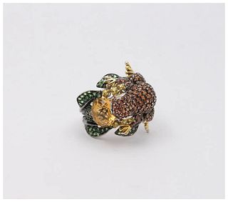 Vintage Frog Sapphires Citrine Tsavorite Diamonds 14K White Yellow Gold Ring