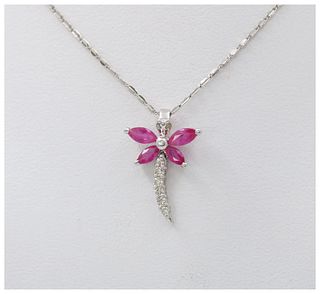 Sweet 14K White Gold Ruby Diamond Dragonfly Pendant Necklace
