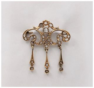 Elegant Victorian Rose Cut Diamonds 14K Yellow Gold Brooch Pendant