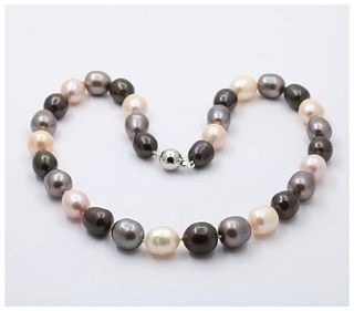 Vintage 14K White Gold Beaded Tahitian Baroque Multicolor Pearl Necklace, June Birthstone.