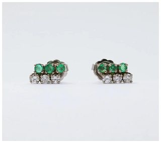 Vintage 14K White Gold Diamond & Emerald Cluster Studs Earrings, Push Back Earrings