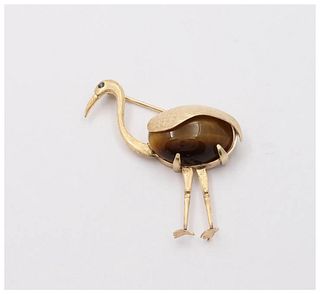 Vintage 14K Yellow Gold Tiger Eye Crane Bird Brooch, Estate Pin.