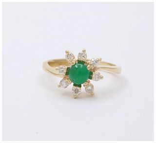 Vintage 14K Yellow Gold Emerald and Diamond Floral Ring, Engagement Ring