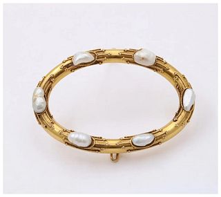 Victorian Etruscan Revival 14K Yellow Gold Baroque Pearl Oval Brooch Pin