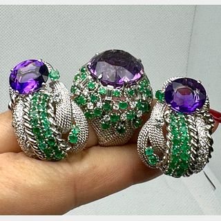 DAVID WEBB 18K White Gold Amethyst, Emerald, and Diamond Earring and Ring Set