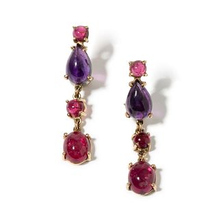 14K YELLOW & WHITE MULTI COLOR STONE EARRINGS, 4.60 dwt., 2.00ct.TW PEAR SHAPE AMETHYST   1.60ct.TW ROUND TOURMALINE PINK  4.10ct.TW OVAL TOURMALINE P