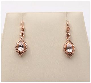 The Beautiful 10K Rose Gold Pear Shape Pink Quartz and Diamond Dangling Earrings