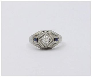 Antique Art Deco 14K White Gold Diamond & Sapphire Ring, Engagement Ring.