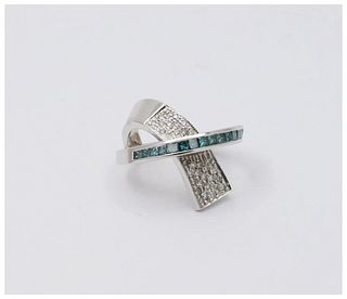 Cool Unisex Geometric Diamonds White Blue Diamonds 14K White Gold Ring