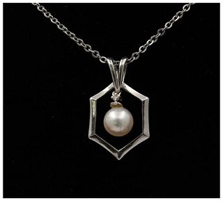 Estate 14K White Gold 6.5 mm Pearl Pendant, Bridal Jewelry, Necklace.