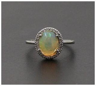 Classic 14K White Gold Ethiopian Opal, Diamond Halo Ring, Fine Jewelry, October Birthstone