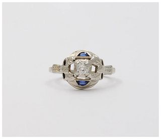 Art Deco Diamond Sapphires 18K White Gold Engagement Cocktail Ring