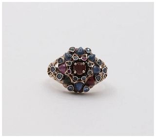 Vintage Multi Color Natural Sapphire, Blue Topaz, Pink Tourmaline and Garnet 14K Yellow Gold Dome Ring,