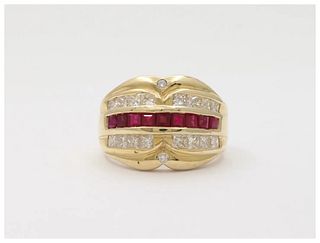 Vintage Chunky Table Cut Rubies Diamonds 14K Yellow Gold Ring