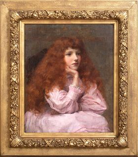 PORTRAIT OF A REDHAIRED GIRL IN PINK OIL PAINTING