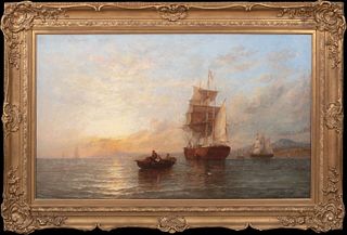  SUNSET SHIPS SEASCAPE OIL PAINTING