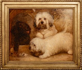 PORTRAIT OF TWO WHITE TERRIERS & A BROWN SPANIEL OIL PAINTING