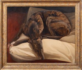 PORTRAIT OF A BRINDLE GREYHOUND OIL PAINTING