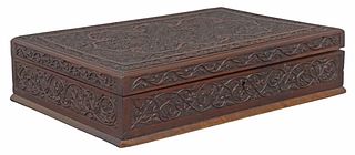 FINELY CARVED FLORAL SCROLLWORK HARDWOOD TABLE BOX, INDIA