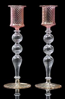 (2) ITALIAN MURANO THINLY BLOWN IRIDESCENT ART GLASS CANDLE HOLDERS