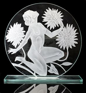 ART DECO STYLE INTAGLIO SCULPTURE, FEMALE NUDE WITH CRYSANTHEMUMS 