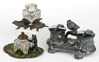 ANTIQUE ANIMAL FIGURAL SILVER-PLATED AND METAL INKWELLS AND INKSTAND, LOT OF THREE