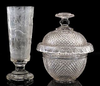 (2) ENGRAVED GLASS PEDESTAL VASE & CUT GLASS SWEETMEAT DISH & COVER