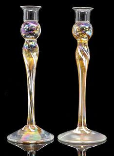 (2) ROSETREE GLASS STUDIO NEW ORLEANS IRIDESCENT ART GLASS CANDLESTICKS