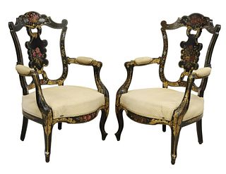 (2) FRENCH NAPOLEON III BLACK, PARCEL GILT & MOTHER-OF-PEARL INLAID FAUTEUILS