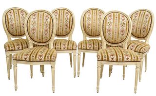 (6) FRENCH LOUIS XVI STYLE PAINTED & UPHOLSTERED DINING CHAIRS