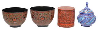 (4) SOUTHEAST ASIAN LACQUERED BOWLS, TABLE BOX, & COVERED METAL JAR