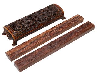 (3) CHINESE TABLE BOX & FINELY CARVED HARDWOOD ELEMENTS WITH DRAGONS