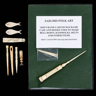 BONE / SCRIMSHAW SAILOR-MADE AND OTHER ACCOUTREMENTS, LOT OF EIGHT