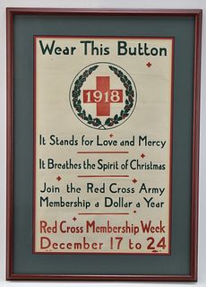 1918 AMERICAN RED CROSS 'WEAR THIS BUTTON' FRAMED POSTER