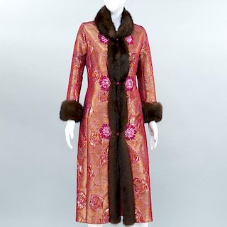 Custom couture brocade coat ensemble with fur trim