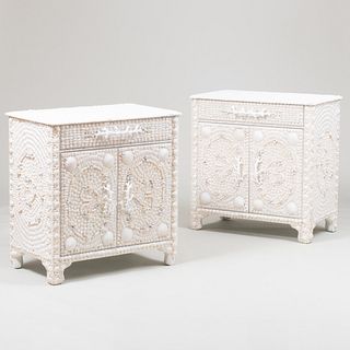 Pair of White Painted Shell Encrusted Side Cabinets