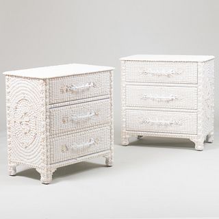 Pair of White Painted Shell Encrusted Chests of Drawers