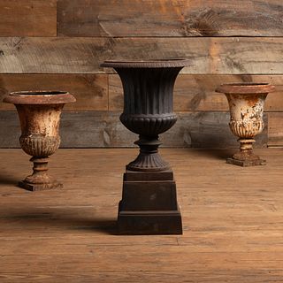 Pair of Painted Metal Garden Urns Together with a Similar Fluted Cast-Iron Garden Urn and Base