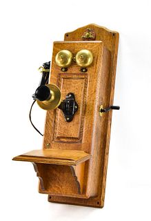 ANTIQUE KELLOGG OAK WALL MOUNT HAND CRANK TELEPHONE 