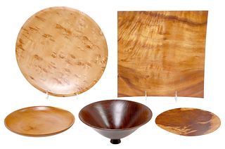(5) GROUP OF TURNED WOOD PLATES & BOWL