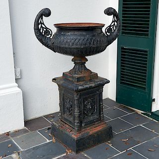Large Victorian cast iron garden urn and pedestal