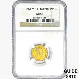 1883 EB .1296oz. Gold Sweden 10 Kronor NGC AU58 