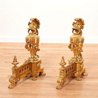 Pair large French Baroque style bronze chenets