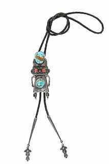Ca. 1950's Navajo Turquoise Red Coral Kachina Bolo