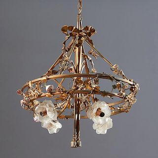 Belle Epoque bronze, porcelain floral chandelier