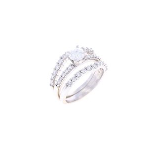 Three Piece Diamond & 14k White Gold Wedding Rings