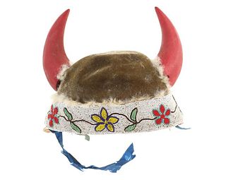 C. 1950- Santee Sioux Beaded Buffalo Horn Bonnet
