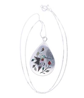 Navajo Sterling Silver Mosaic Hummingbird Necklace