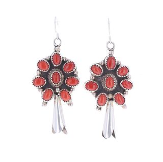 Navajo R. Sam Red Branch Coral Silver Earrings